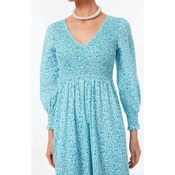 Pink City Prints Tuckernuck Ocean Ditsy Isabel V Neck Dress Long Sleeve Cotton - Picture 2 of 16